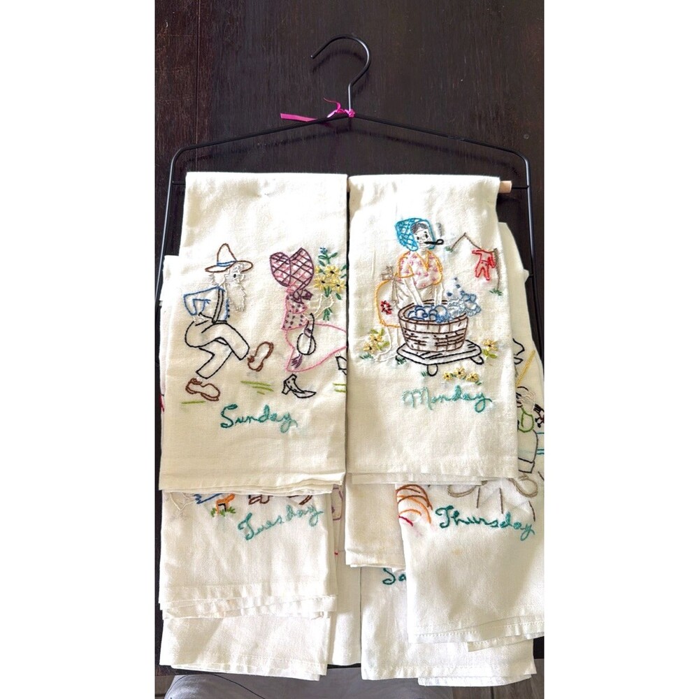 Vintage Inspired Days Of The Week Embroidered Tea Towels Set of 7 White Linen